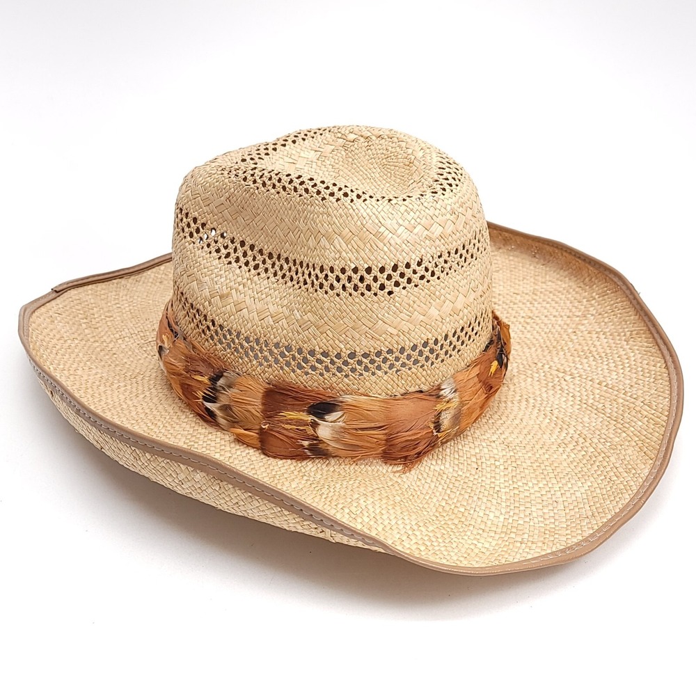 Woven Straw Western‎ Sun Hat Women's Small Feather Band Wire Rim Swiftie Outfit - Picture 2 of 8